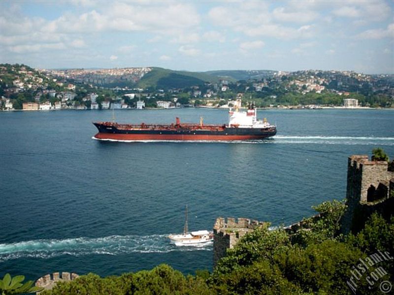 View of the Bosphorus from Rumeli Hisari which was ordered by Sultan Mehmet the Conqueror to be built before conquering Istanbul in 1452 in Turkey.
